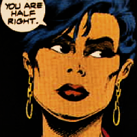 Screenshot from The Question issue 1. Close up to her serious expression. This time she has pixie short hair, wearing golden chain earrings that reach her jaw, and some eye and lip makeup. She's saying "You are half right."