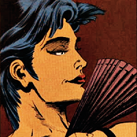 Screenshot from The Question issue 2. Close up to Shiva's profile. She has the same pixie cut still, no jewels, a black tank top, and a vaguely amused expression as she holds a maroon fan close to her face, which she uses during a fight scene.