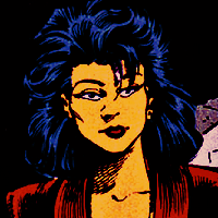 Screenshot from The Question Annual 1. Shiva has her hair longer, barely reaching her shoulders, cut in layers and voluminous. She's wearing smaller, golden earrings, barely visible, and a red jacket, this time. She looks unimpressed.