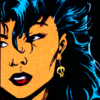 Screenshot from The Question Annual 1. Close-up to Shiva's face, as a lock of hair falls over her forehead. This time one of her earrings is visible: golden skulls.