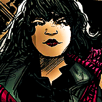 Screenshot from The Question issue 37. Shiva, seen from the chest up. She has long, layered hair and bangs and red lipstic. She's taking out a fucsia scarf, and still wearing a black shirt and a leather coat over it. She looks challenging and vaguely amused.