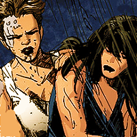 Screenshot from The Question issue 37. Shiva and Renee Montoya stand in the rain. Renee, with a pixie short hair and a white tank top, hovers over Shiva, who's crouched down just a bit after getting shot in the arm. Shiva has her long hair down and wears a black tank top.