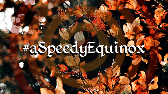Picture of brown leaves on a tree. It features the hashtag "a Speedy Equinox" in white letters in the centre, surrounded by a faint silhouette of the circles of a red and yellow dartboard.