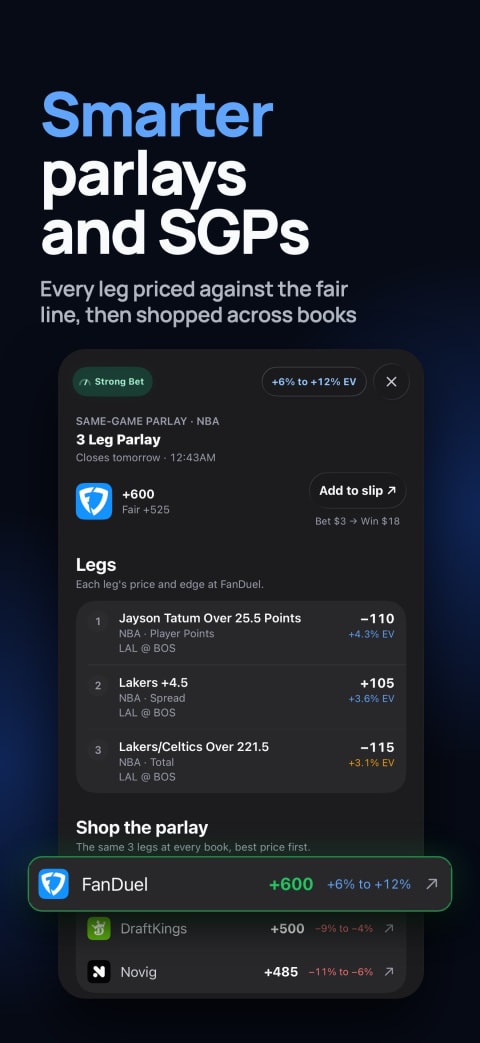 The parlay builder: a same-game parlay priced with its fair odds and combined edge
