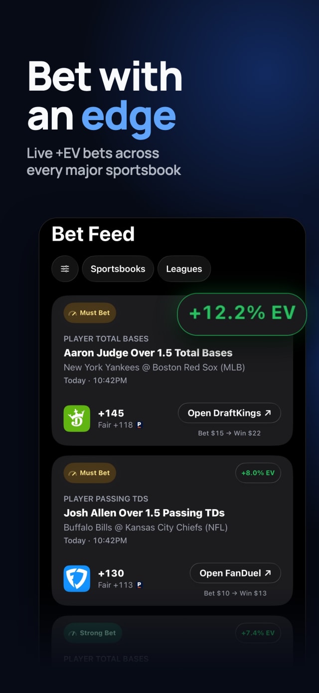 The Bet Feed: ranked +EV bets, each with a rating, odds, fair price, edge and a suggested wager