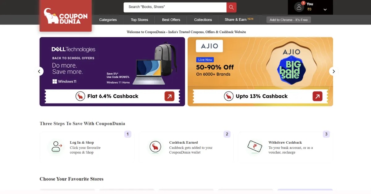 CouponDunia homepage - Coupon and cashback stacking India