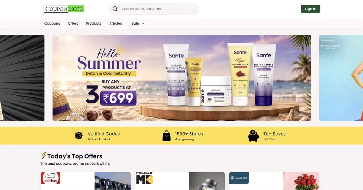 CouponMoto homepage - Mobile first coupon deals India