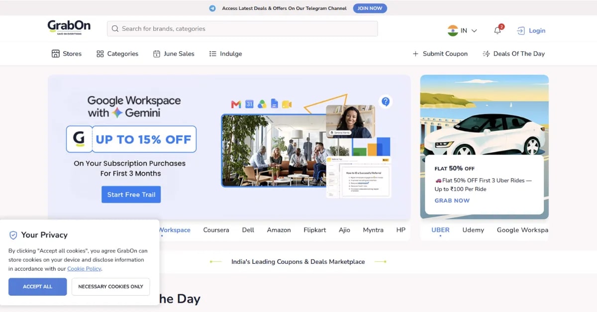 GrabOn homepage - Best coupon and cashback site India