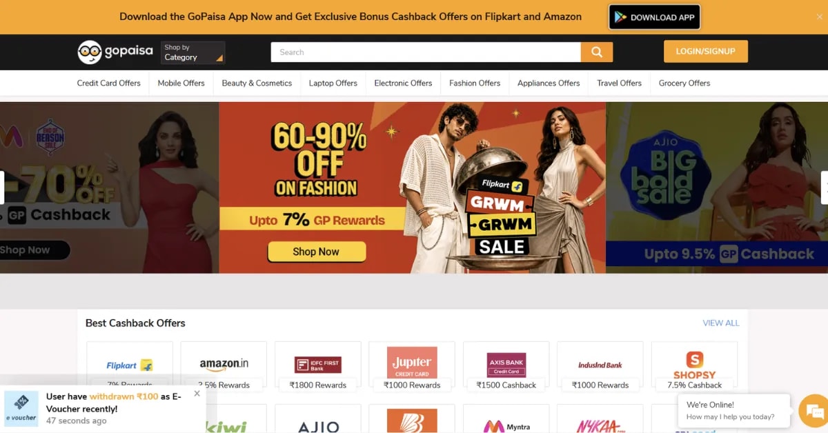 GoPaisa homepage - Paytm cashback and coupon site India