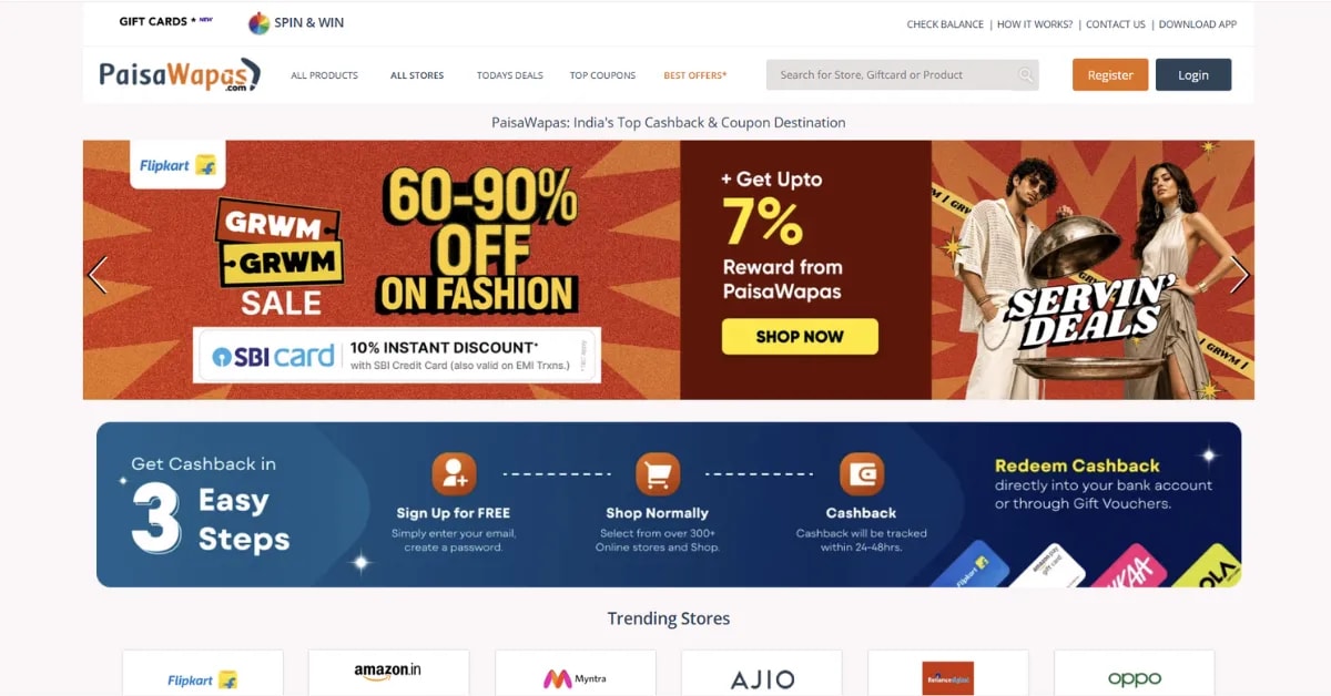 PaisaWapas homepage - Extra cashback coupon site India