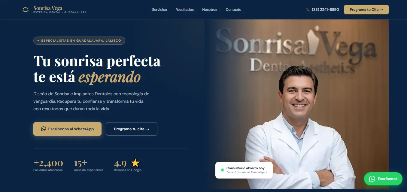 Landing page Sonrisa Vega dentista Guadalajara versão espanhol