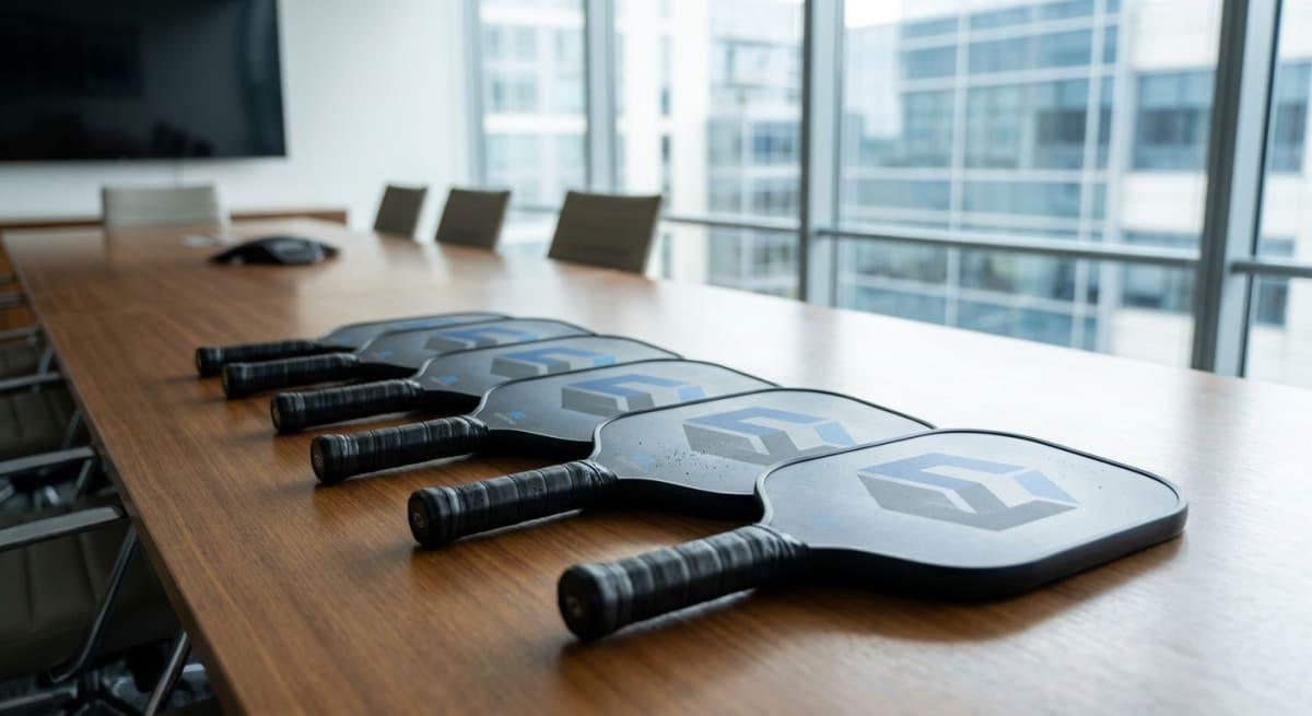 Custom logo pickleball paddles lined up on a boardroom table as corporate Christmas gifts