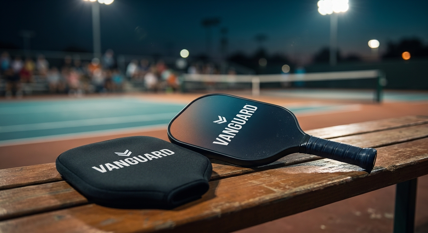 Custom fiberglass paddle and matching cover on a court bench under stadium floodlights at night