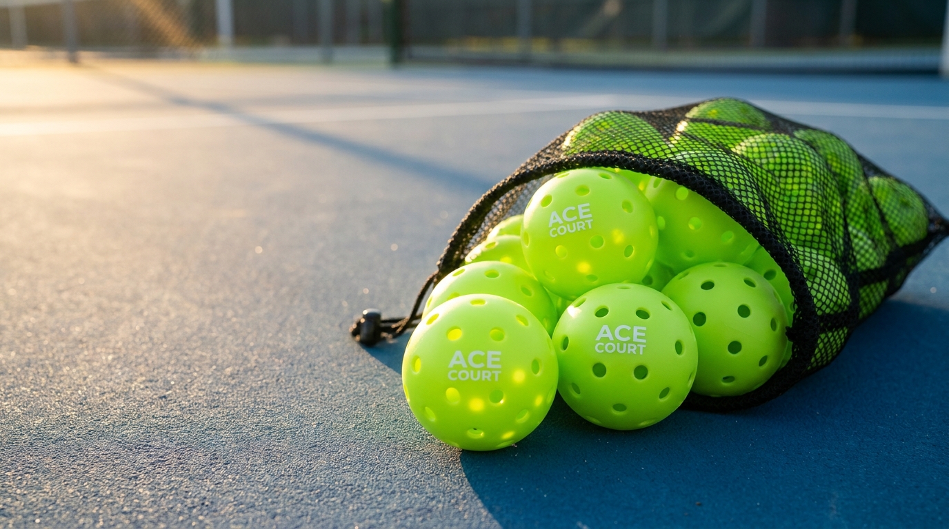 A mesh bag spilling a pile of neon-green custom-printed outdoor pickleballs on a sunny court