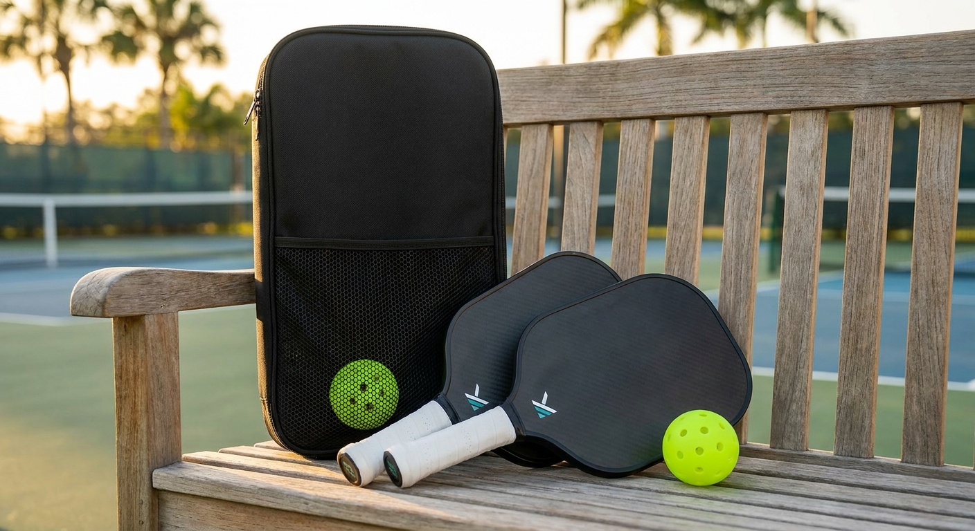 Custom carbon fiber pickleball set — two branded paddles, two balls, and a plain black carry case — on a club bench