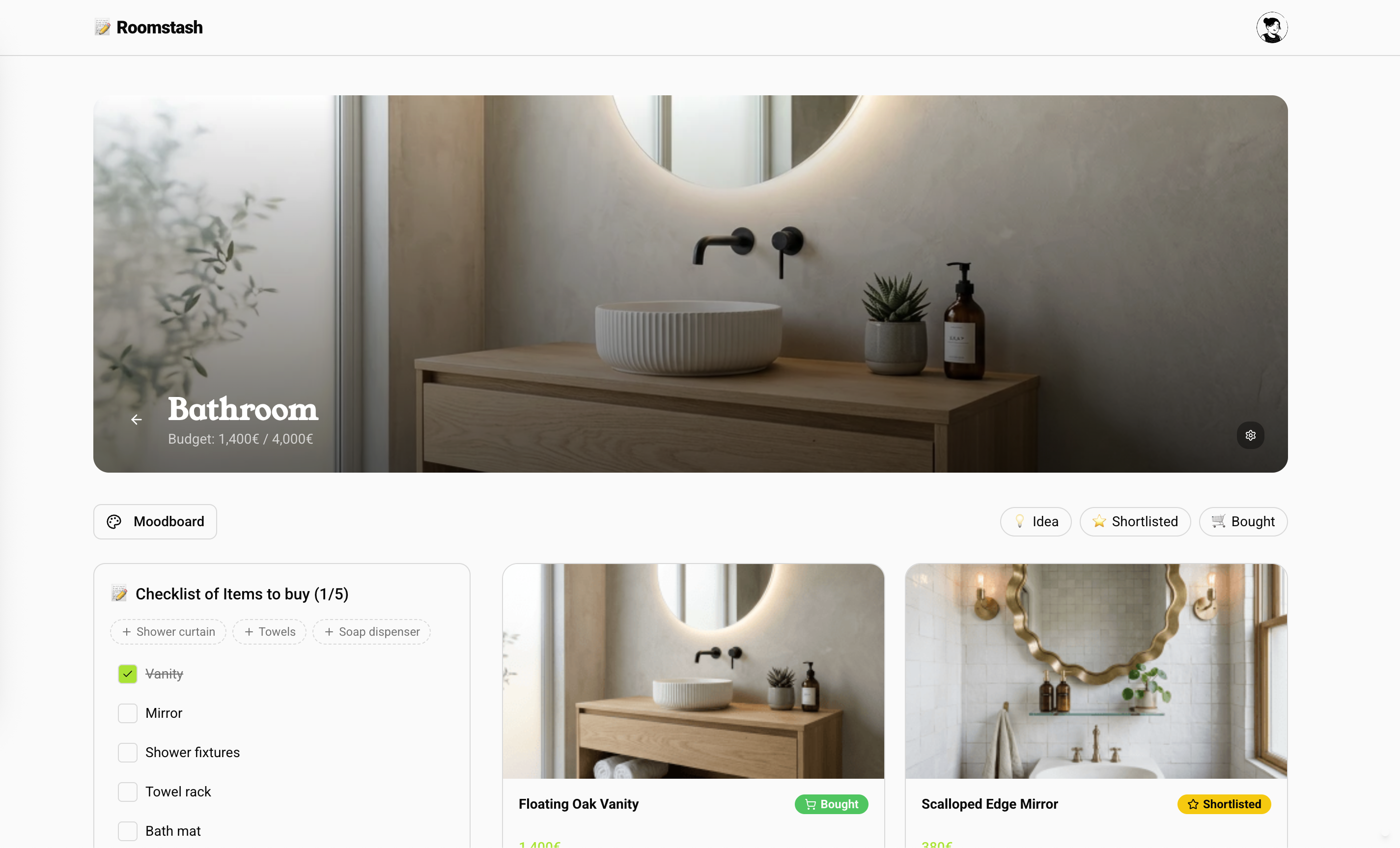 Détail d'une pièce Roomstash avec suivi des meubles, checklist et moodboard