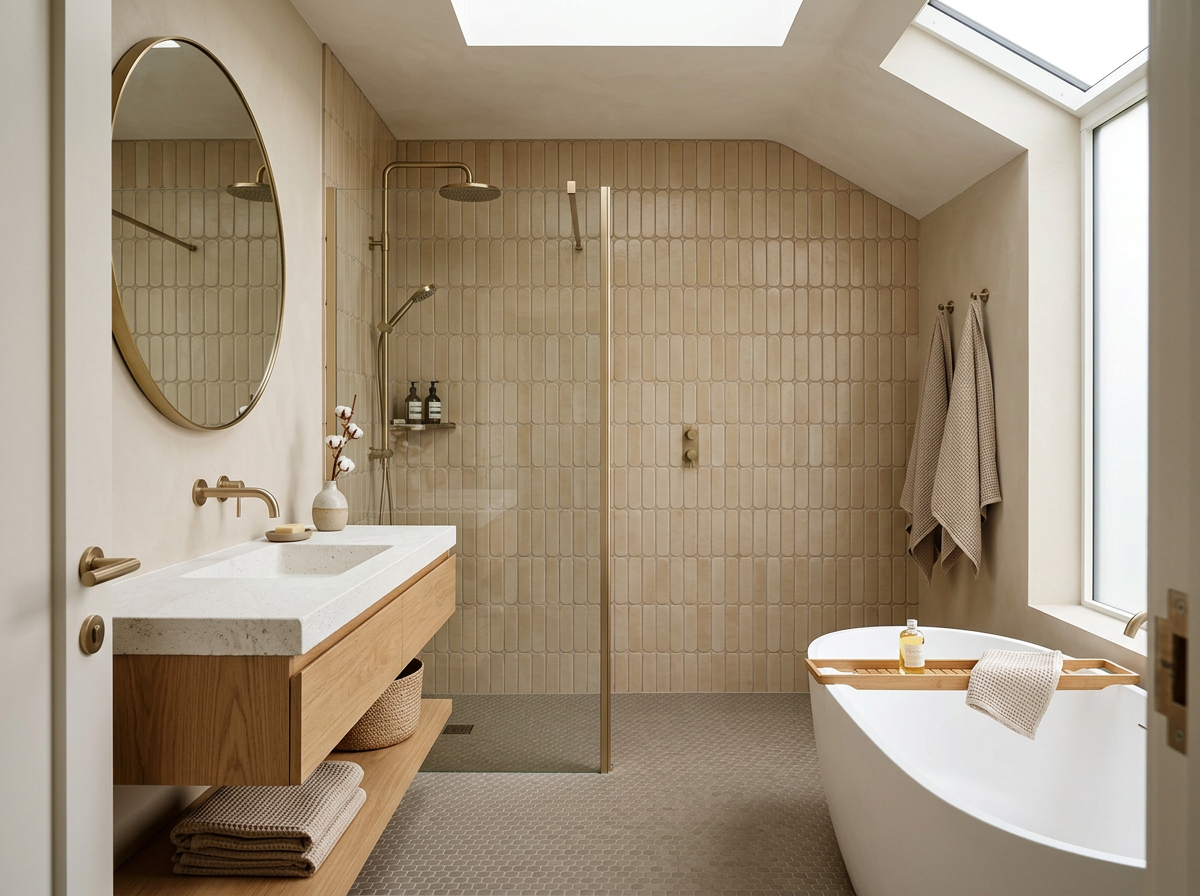 Capsule tile bathroom with warm metals