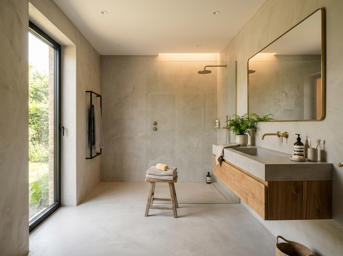 Concrete-look bathroom with warm accents