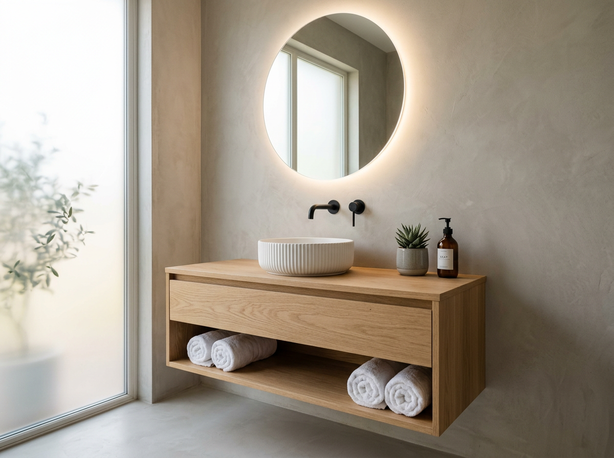 Floating oak bathroom vanity