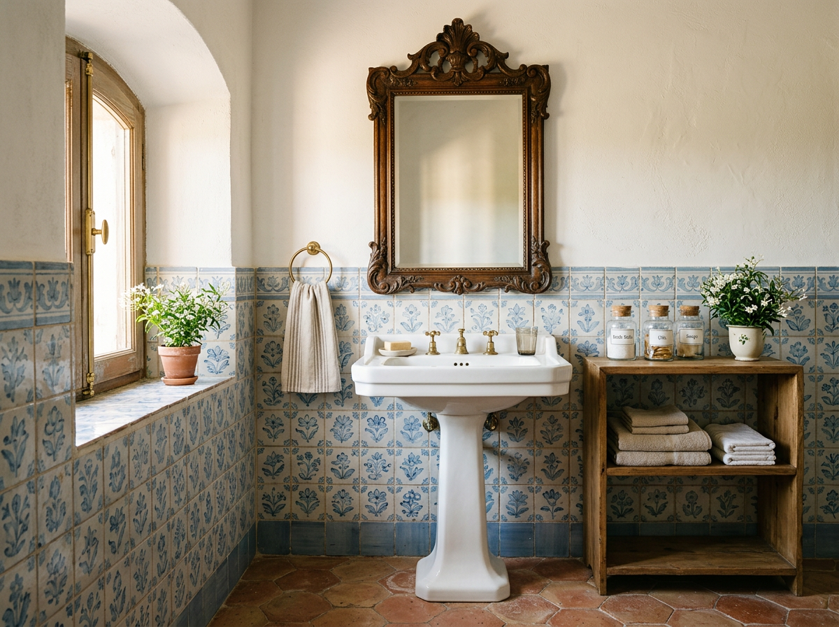 Hand-painted artisanal tile bathroom