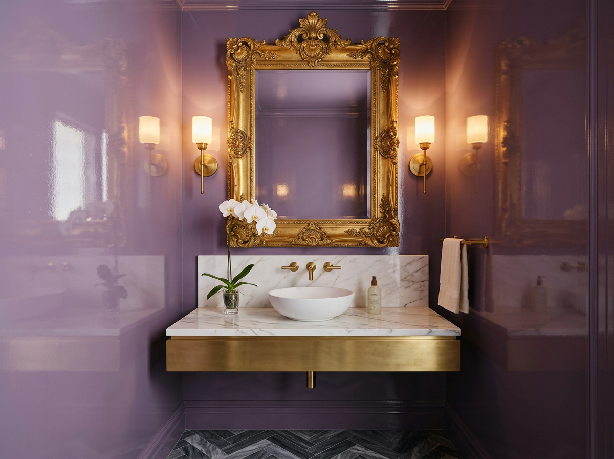 Lilac lacquered powder room