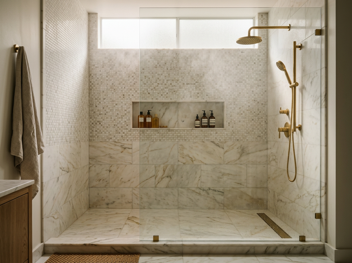 Marble mosaic bathroom shower