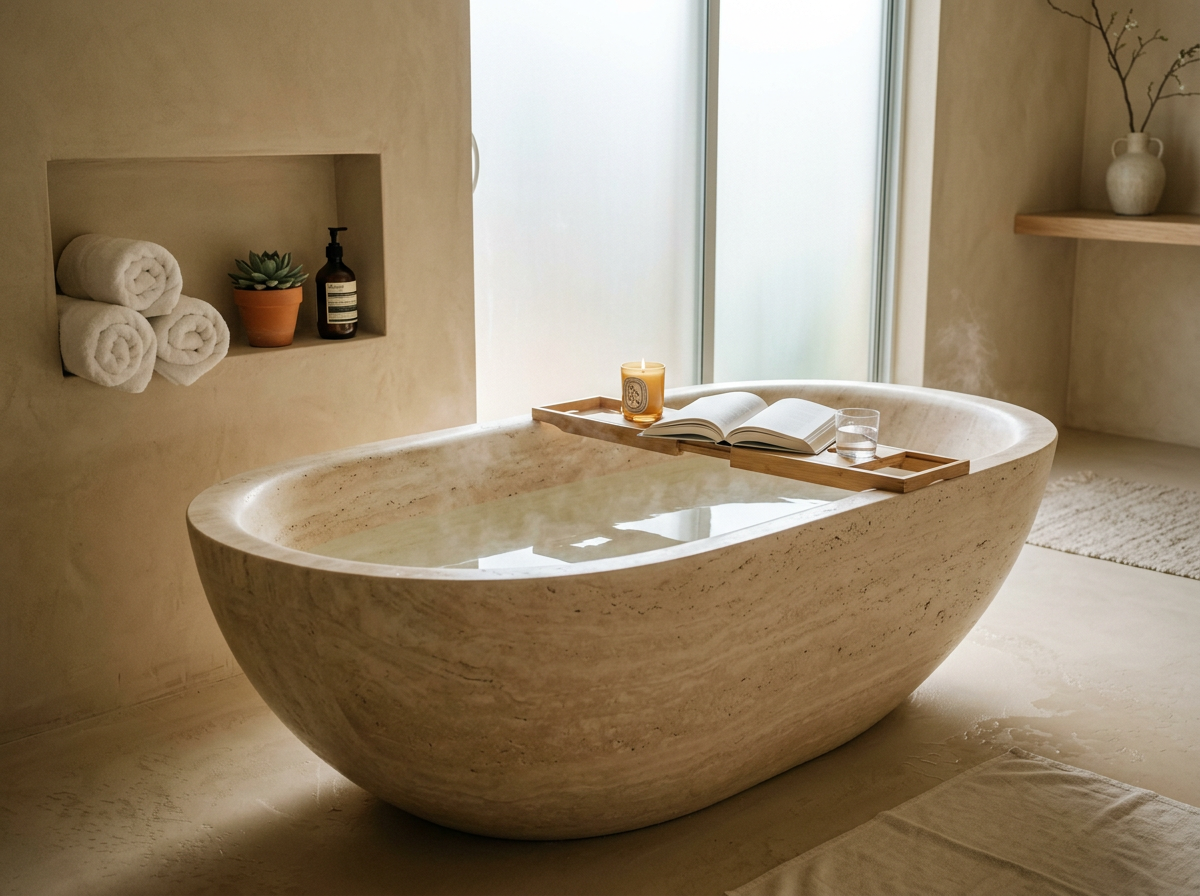 Sculptural carved stone bathtub