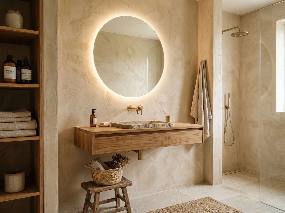 Textured plaster bathroom walls