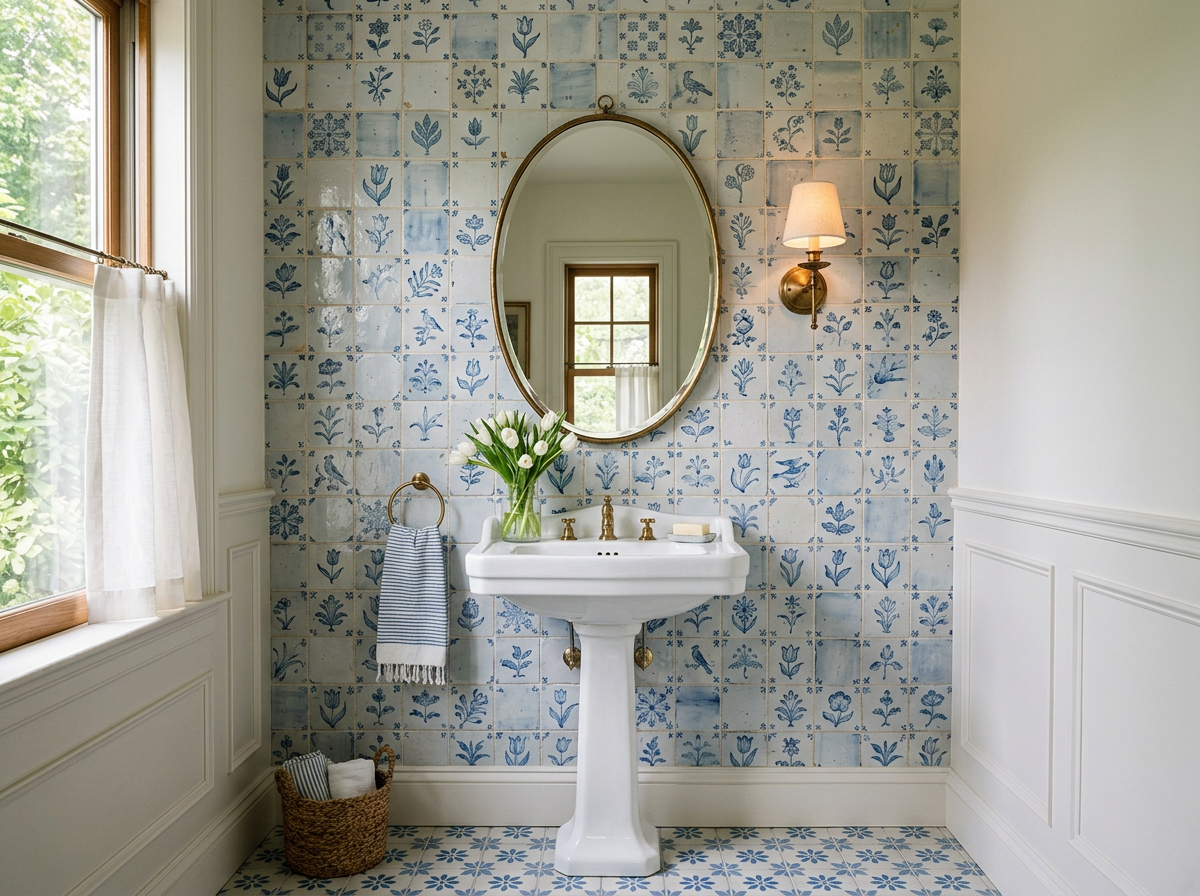 Vintage Delft tile bathroom