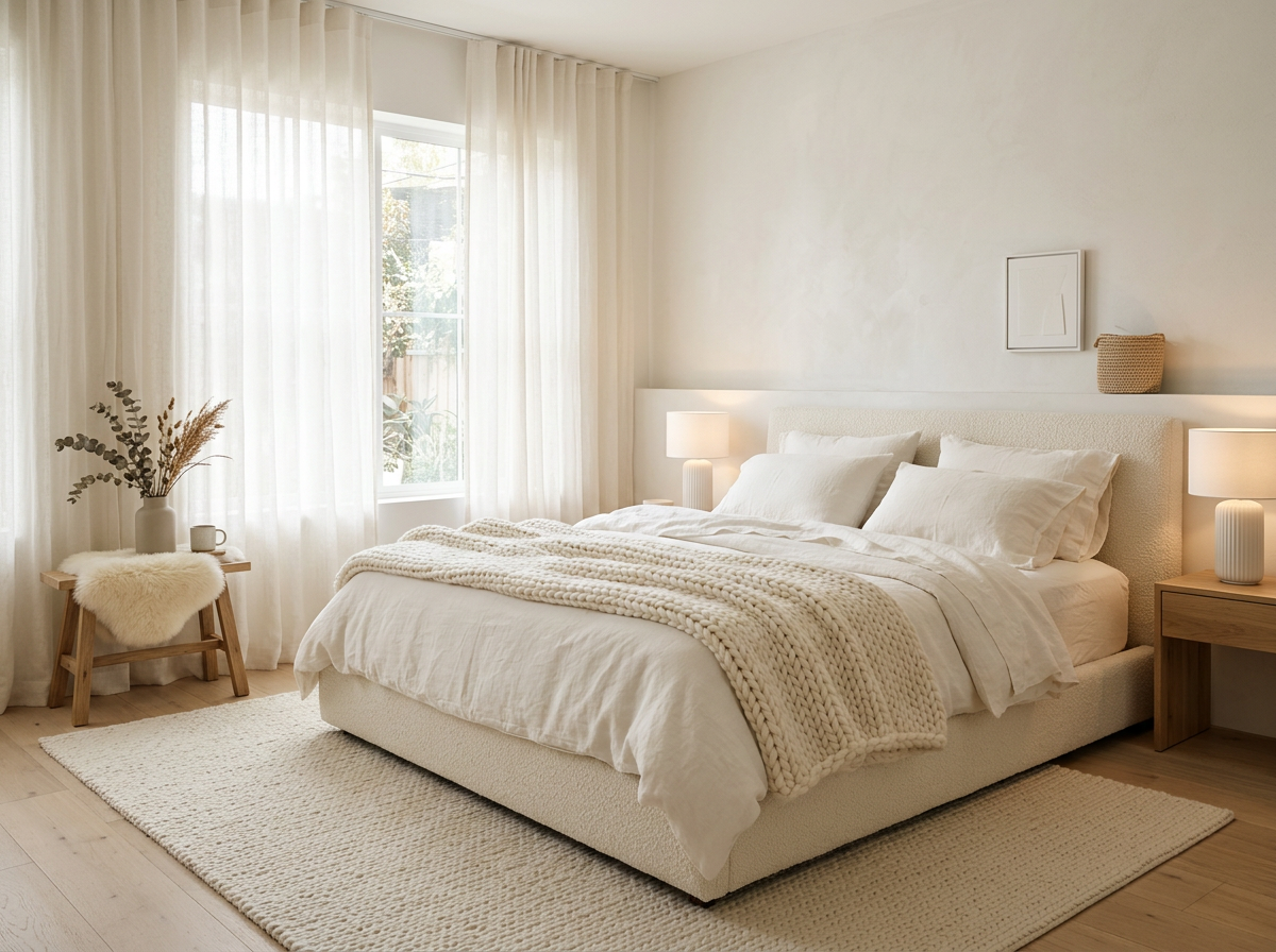 Cloud Dancer white minimalist bedroom