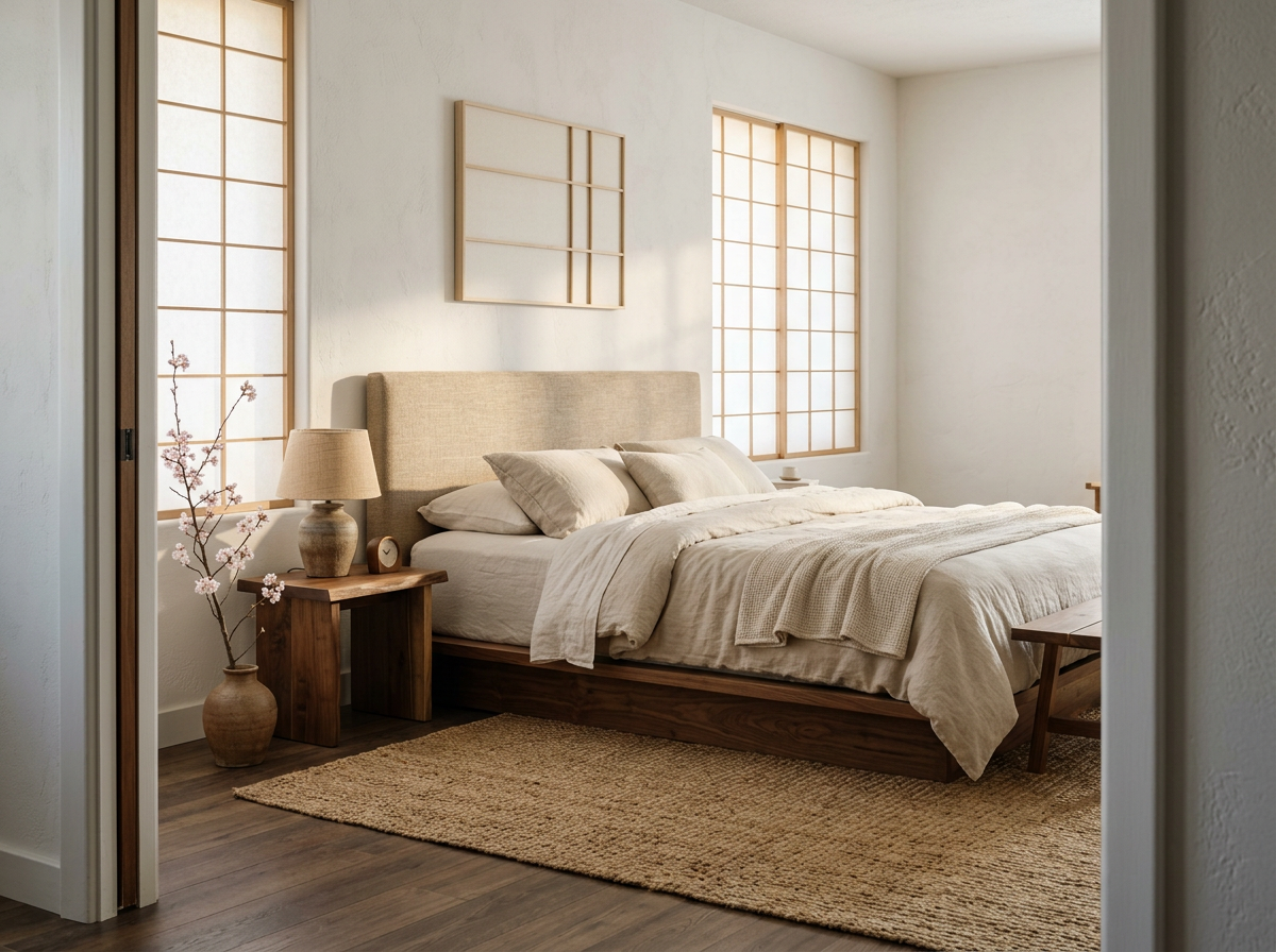 Japandi low platform bed in a serene bedroom