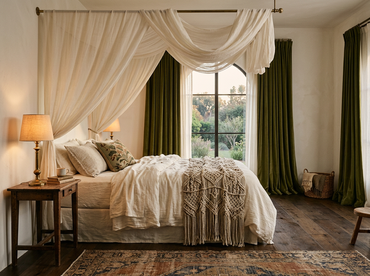 Layered textile bedroom with decorative drapes