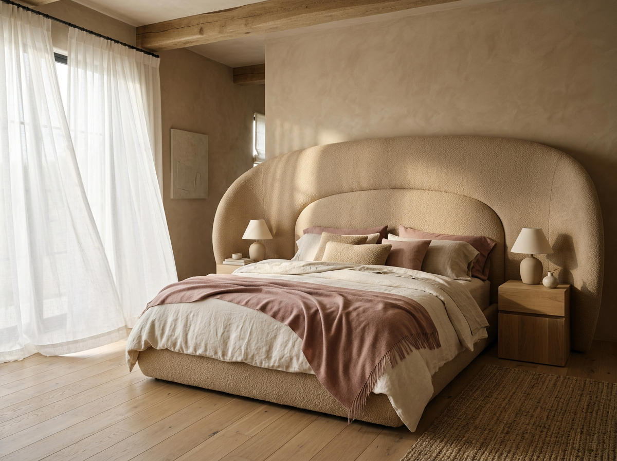 Sculptural upholstered bed frame