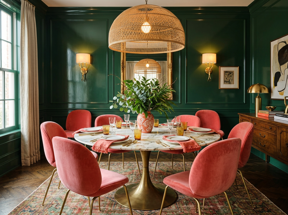 Forest green and coral dining room