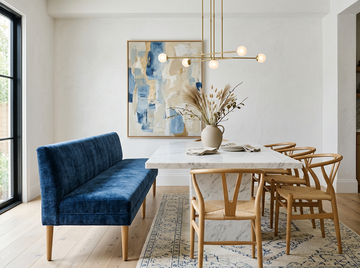 Indigo velvet dining bench