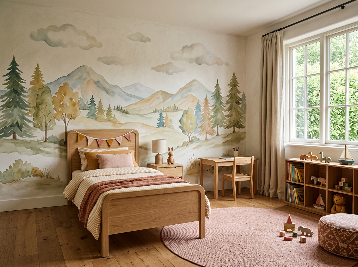 Kids room with artful mural wall