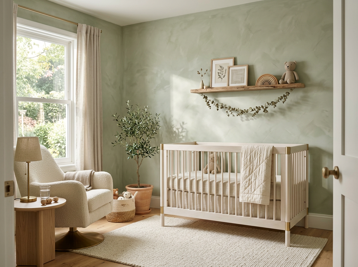 Limewash sage nursery with brass details