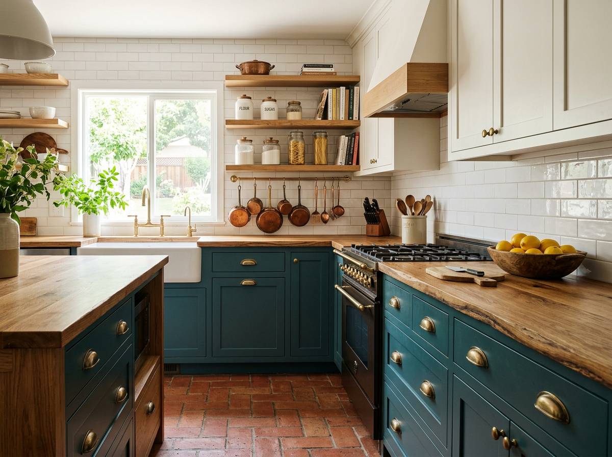Teal kitchen lower cabinets