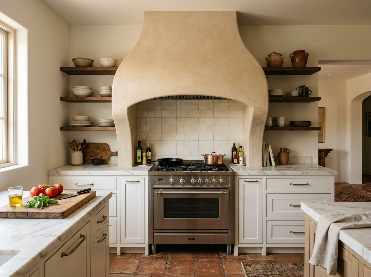 Warm plaster range hood kitchen