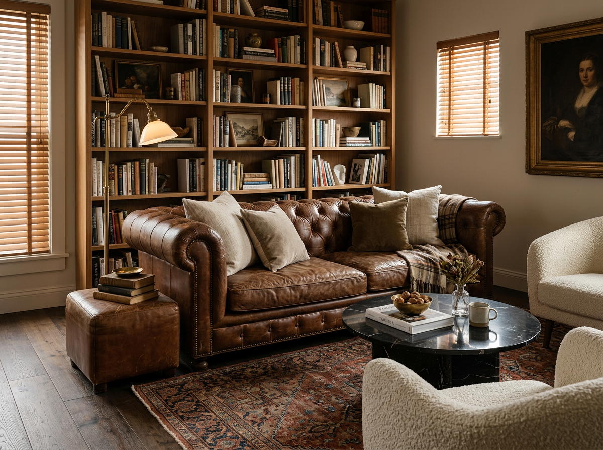 Brown leather and bouclé living room