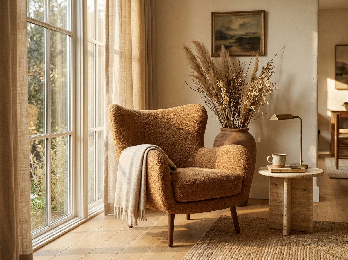 Caramel bouclé lounge chair