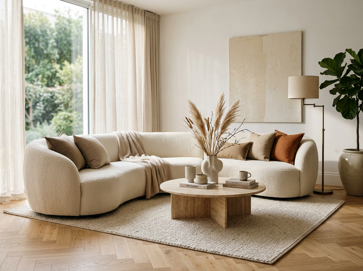 Curved bouclé sofa in a modern living room