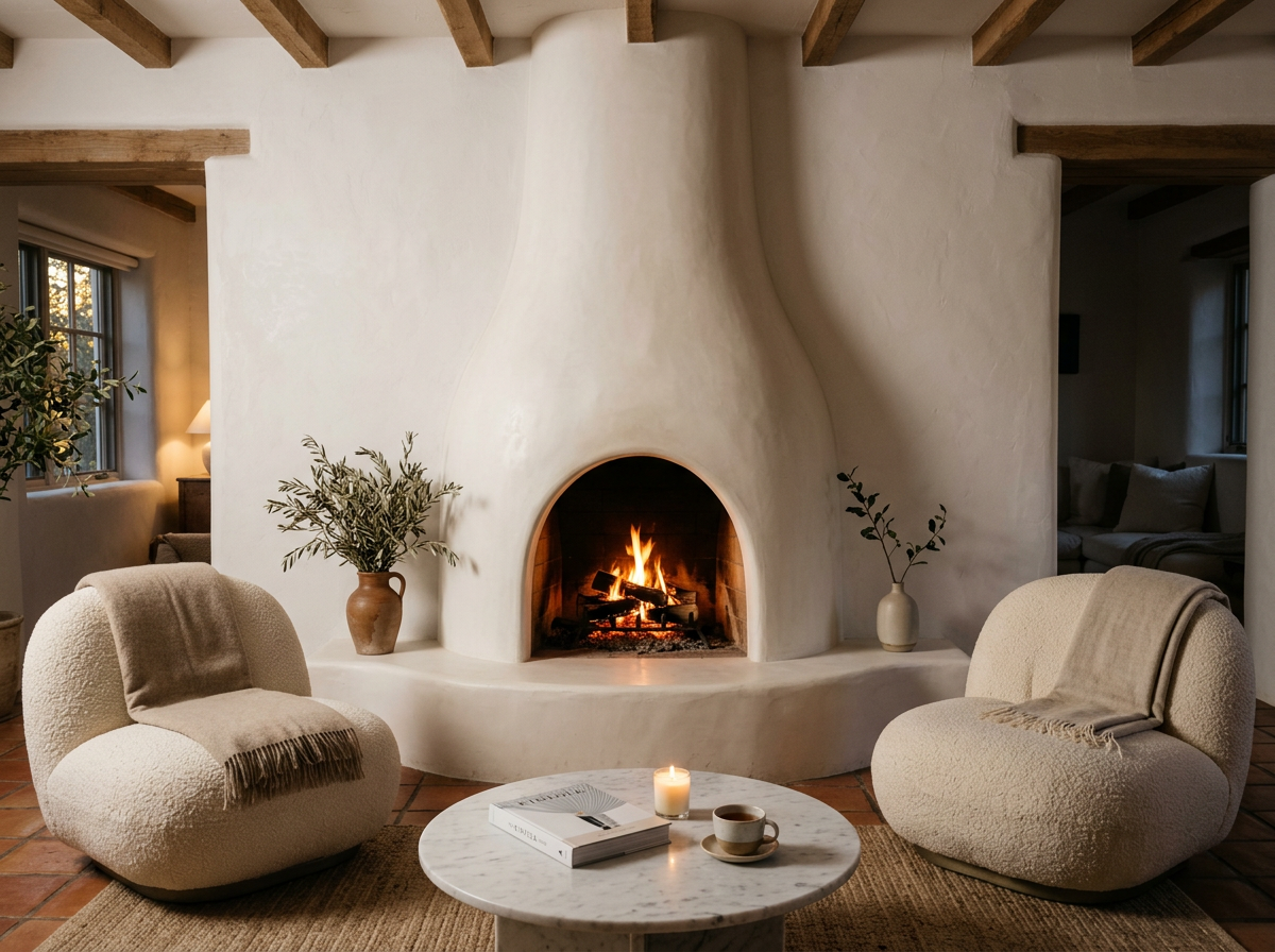 Curved plaster fireplace surround