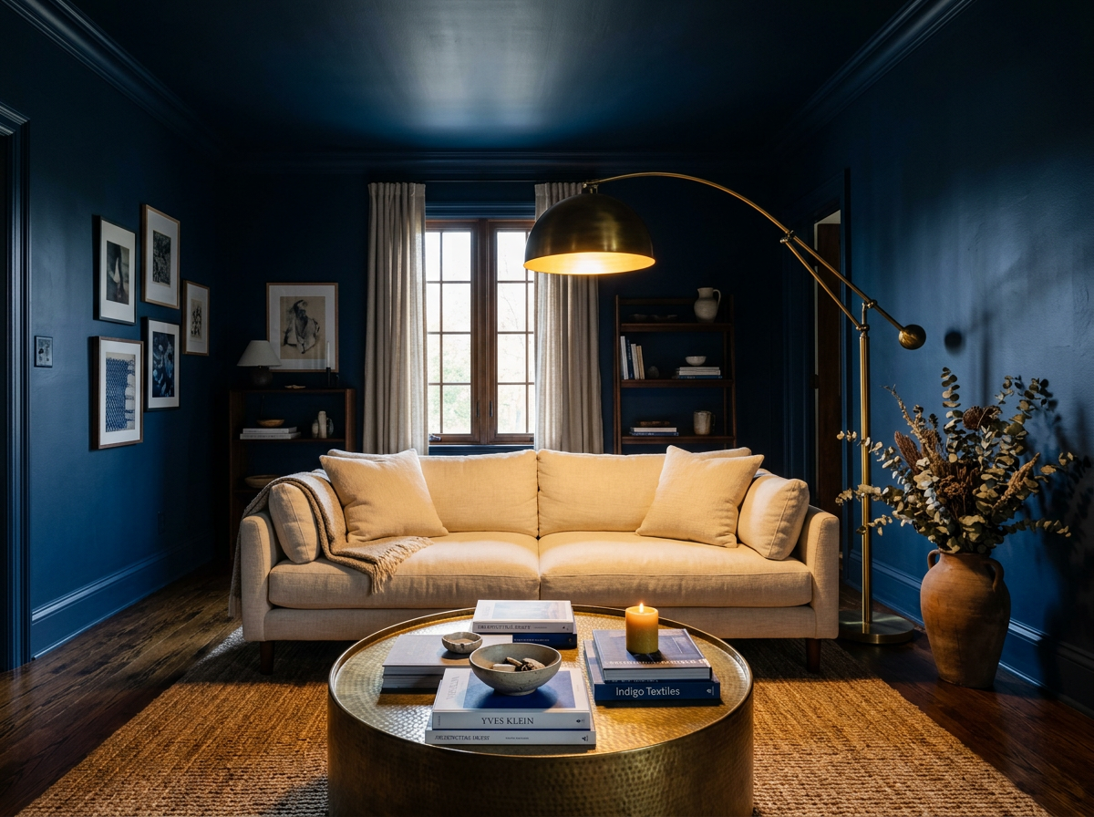 Indigo color-drenched living room moodboard inspiration