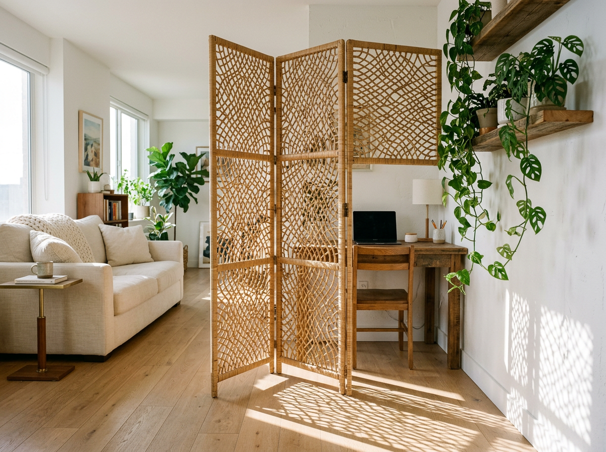 Sculptural rattan room divider