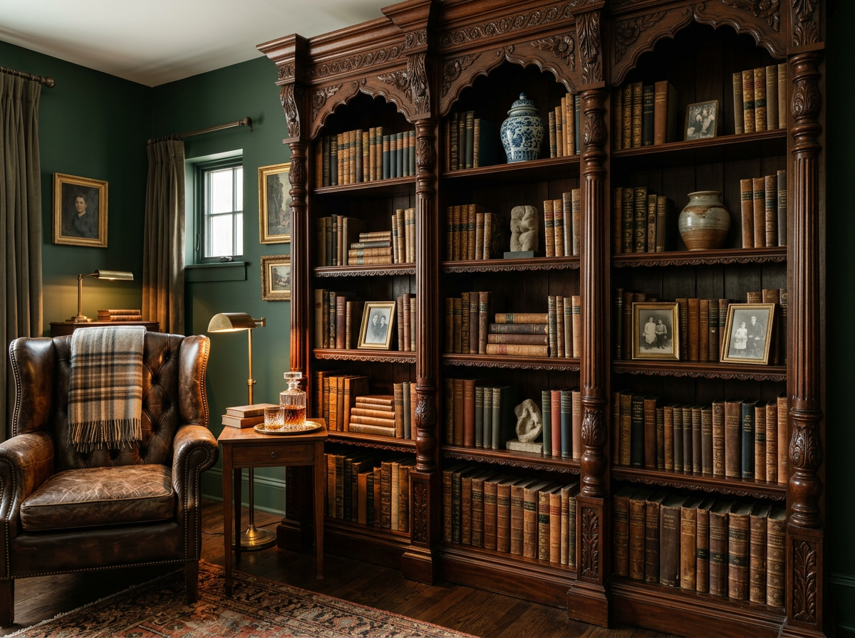Dark stained carved wood bookcase