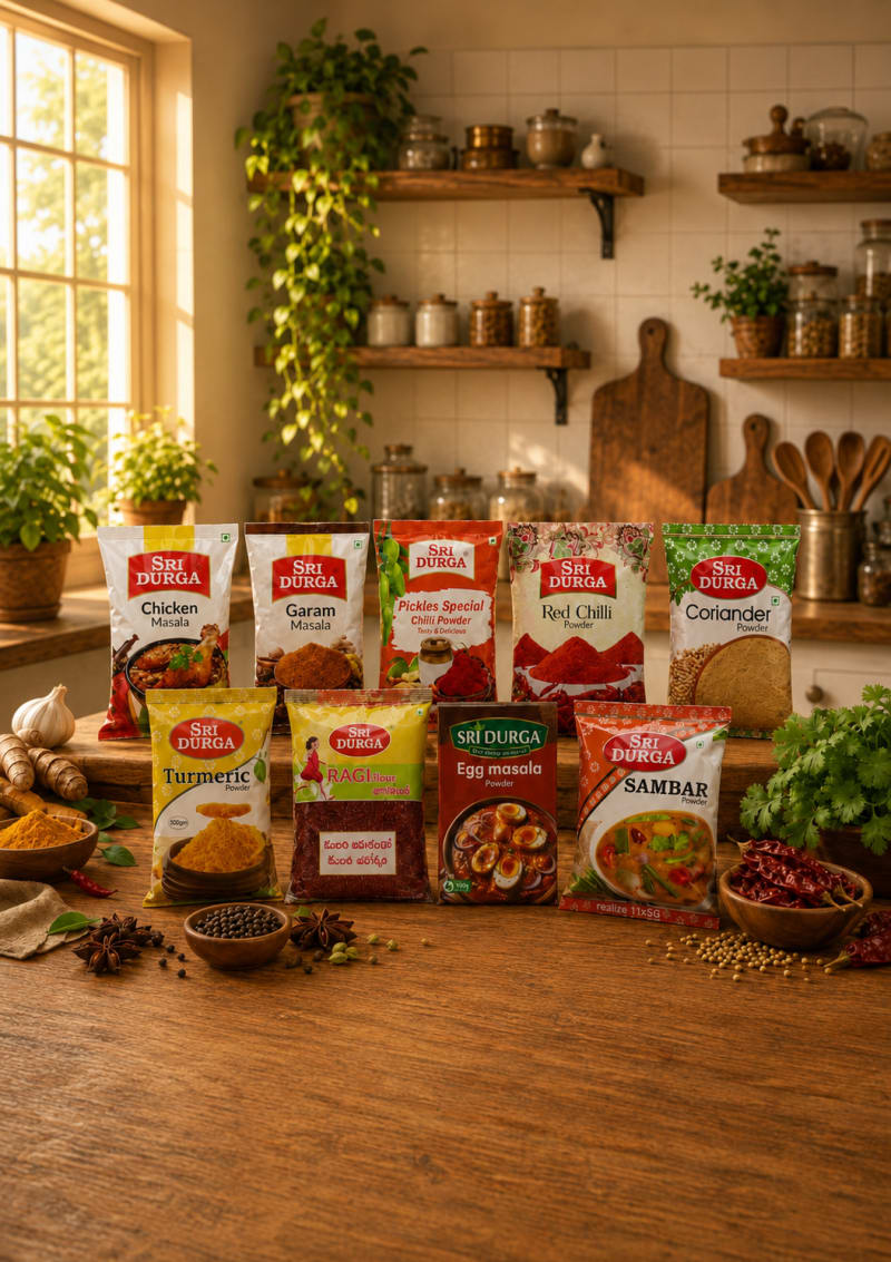 Sri Durga stoneground spices — two rows of spices and masalas