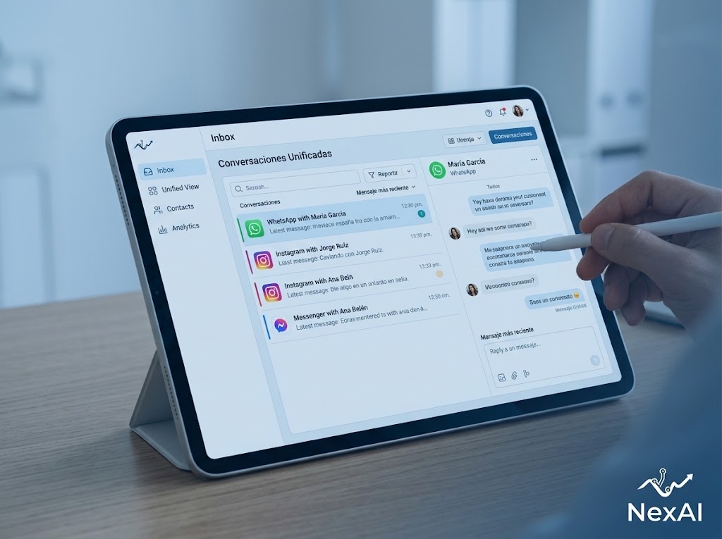 Inbox unificado mostrando conversaciones de WhatsApp, Instagram y Messenger en un solo lugar