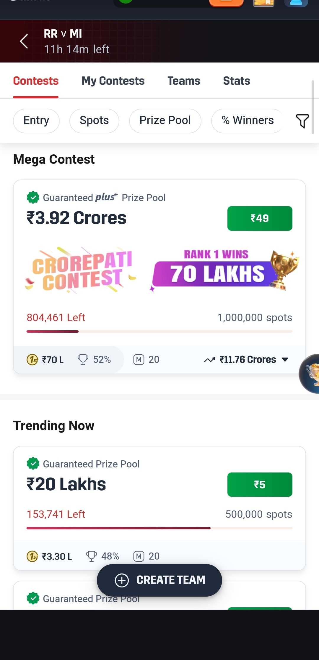 Batwin Contest Lobby — Grand League Mega Contest Fantasy Cricket