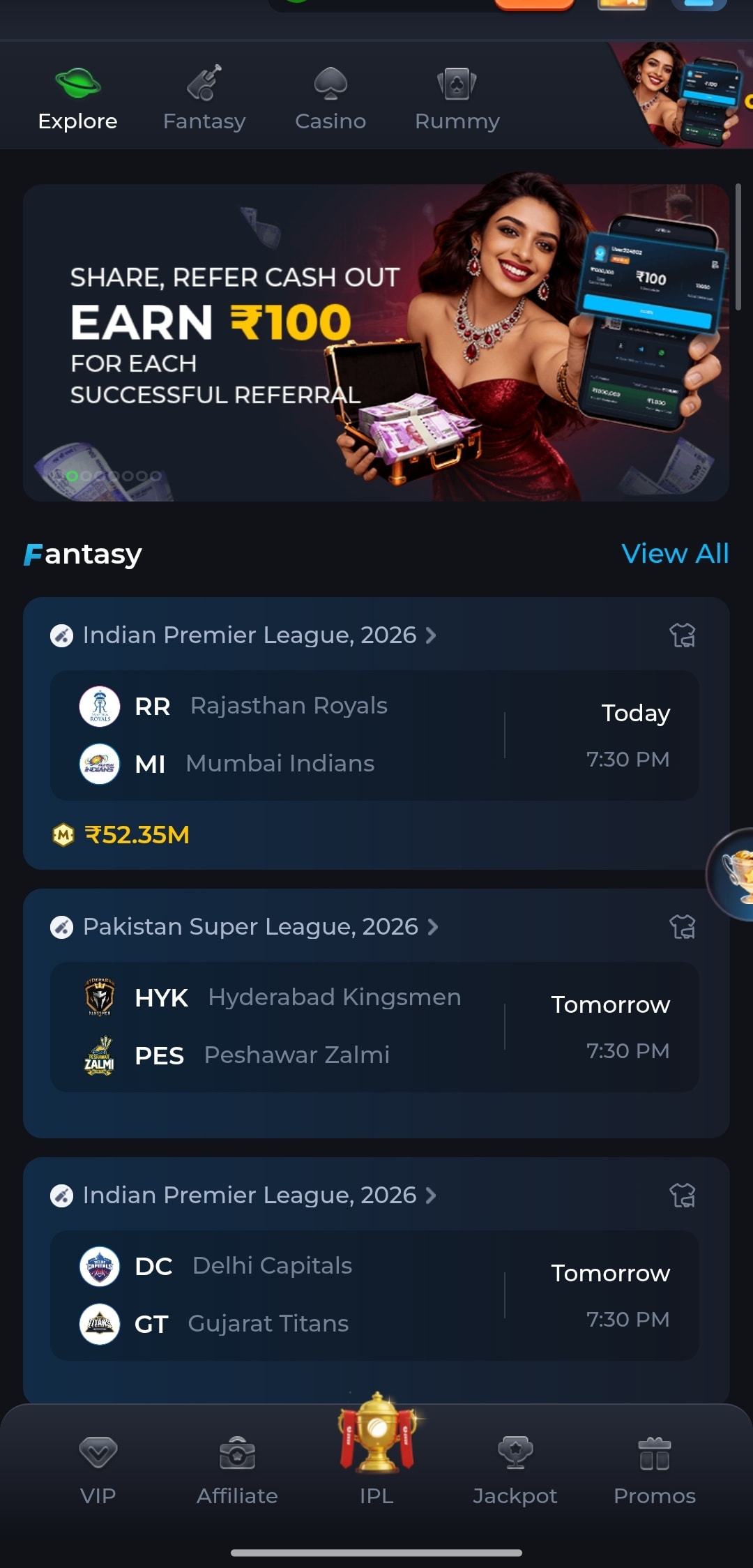 Batwin App Home Screen — Fantasy Sports Dashboard IPL Matches